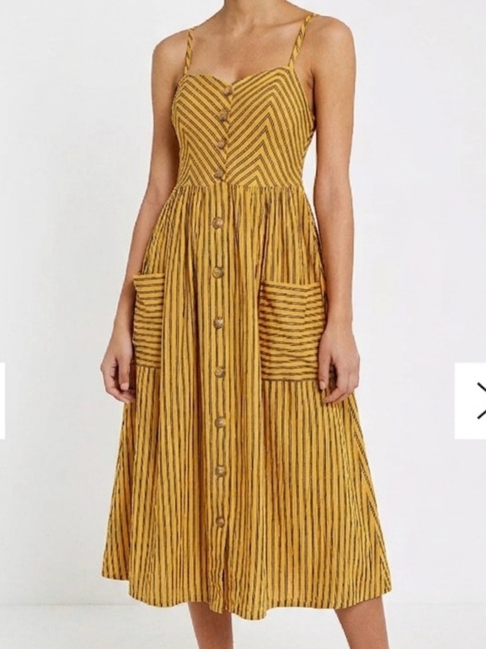 Japna Striped Button Down Midi Sundress Size M Golden Patch Pocket Tank Dress